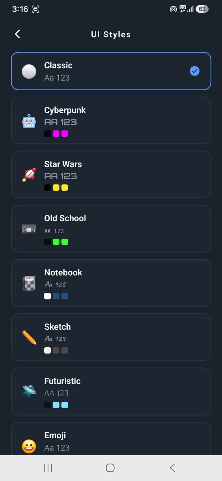 Calculator UI style picker