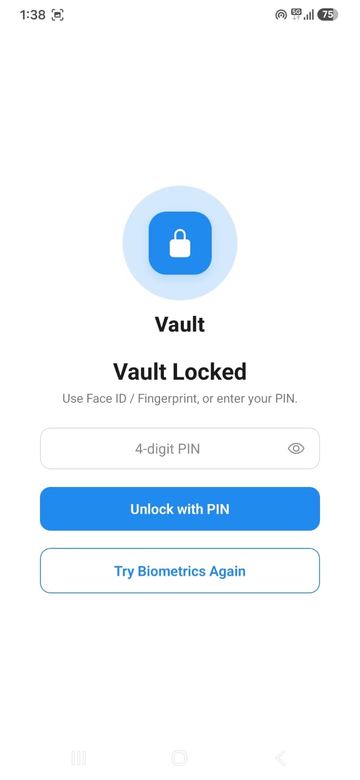 Vault unlock screen with PIN and biometrics