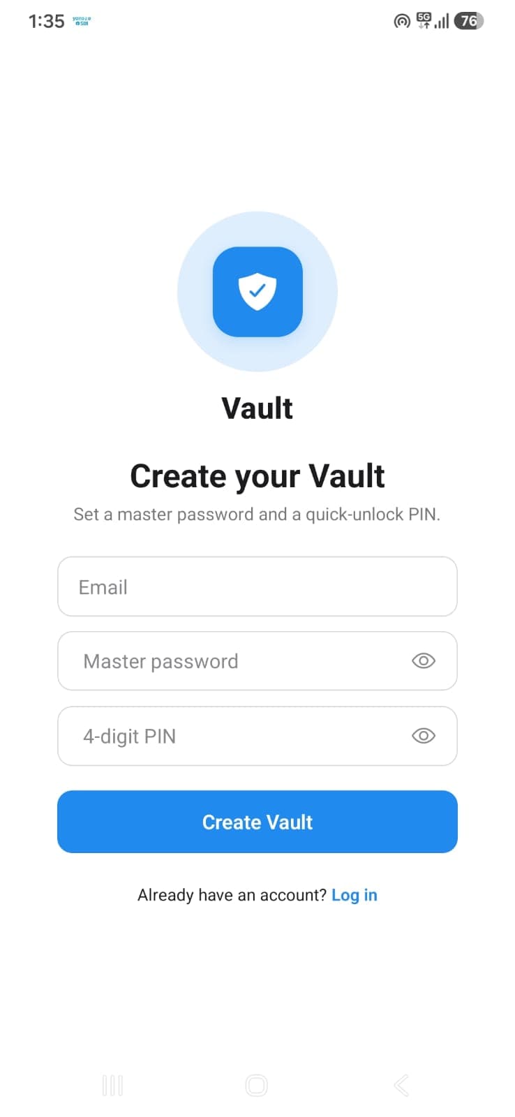 Vault sign-up screen